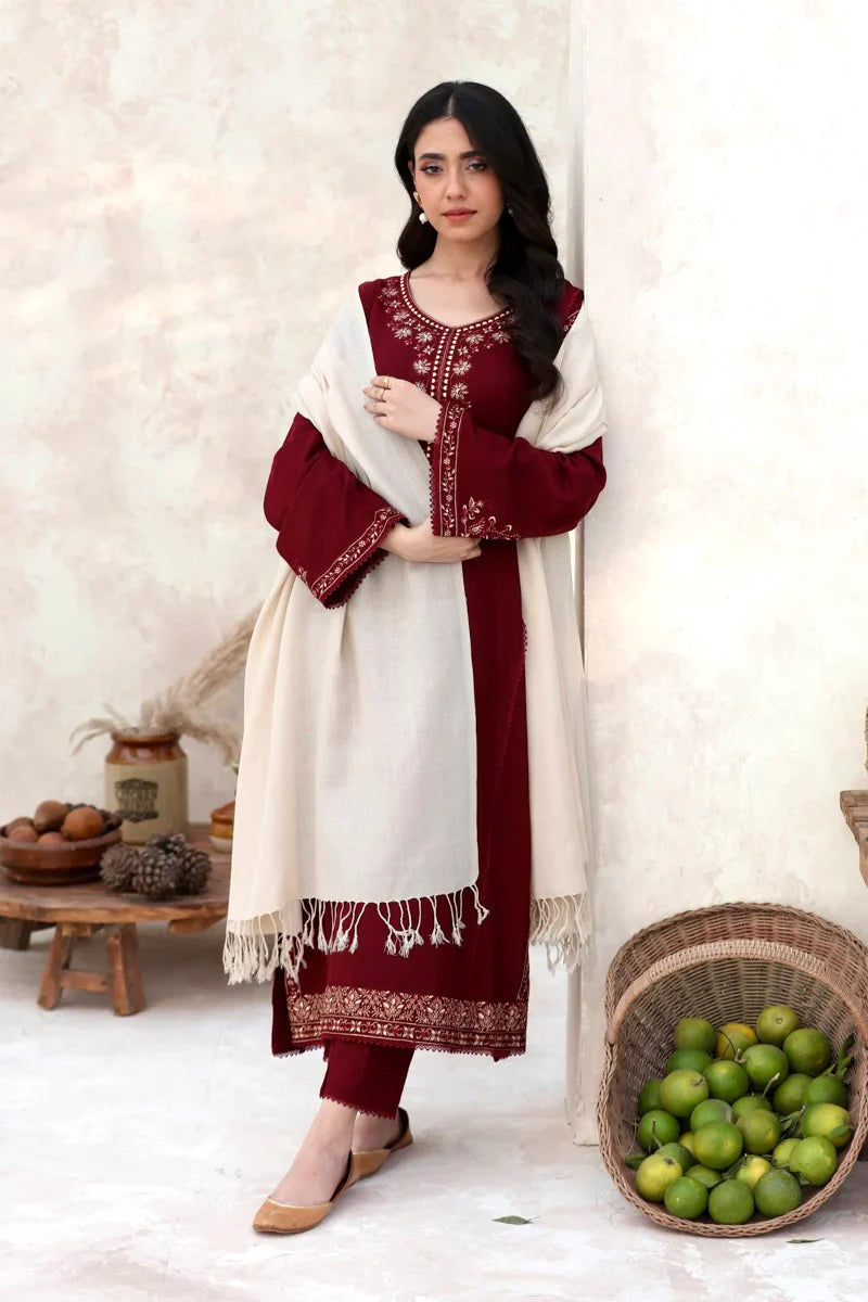 FEROZAE-2PC DHANAK EMBROIDERED SHIRT WITH DHANAK EMBROIDERED SLEEVES- TBF- A-2