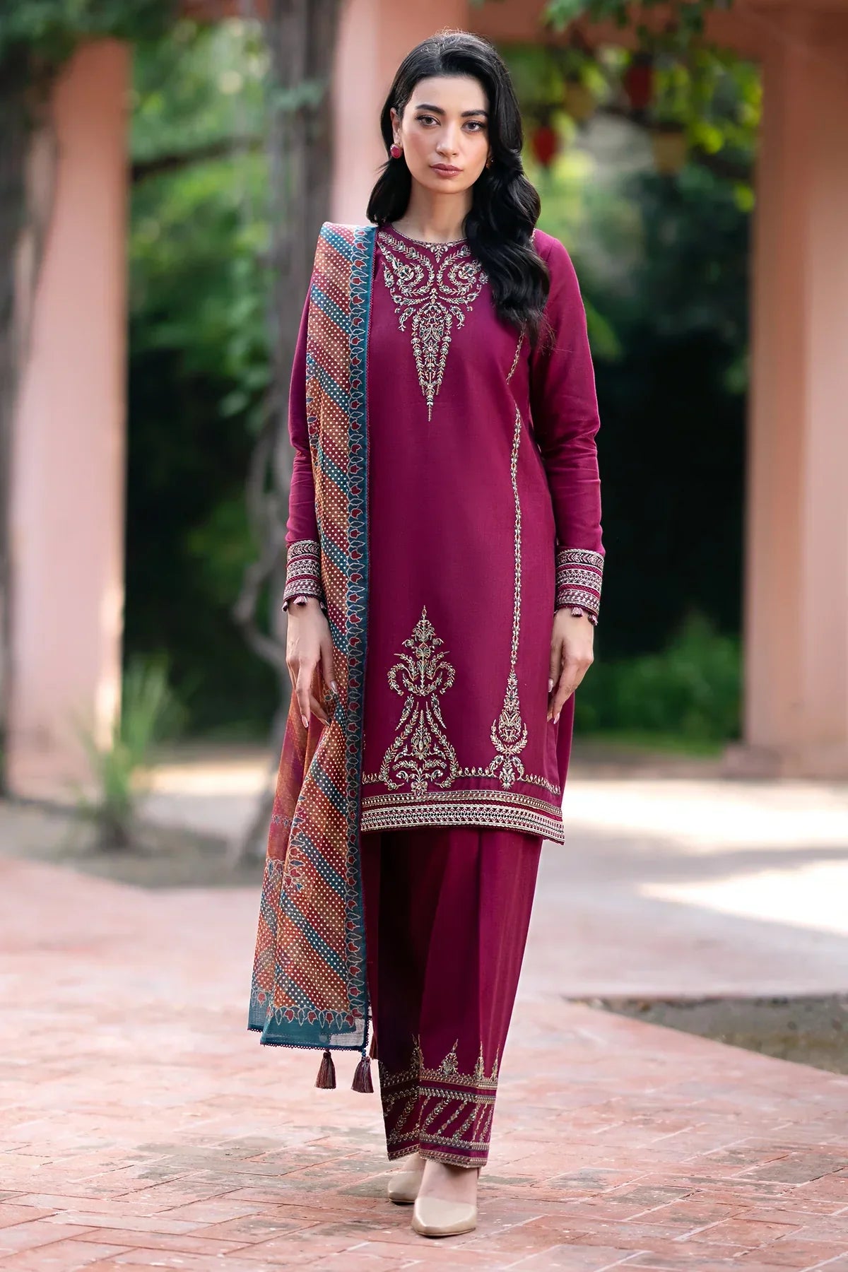 JAZMIN - 3PC DHANAK EMBROIDERED SHIRT WITH WOOL PRINTED SHAWL & TROUSER-TBF-1763