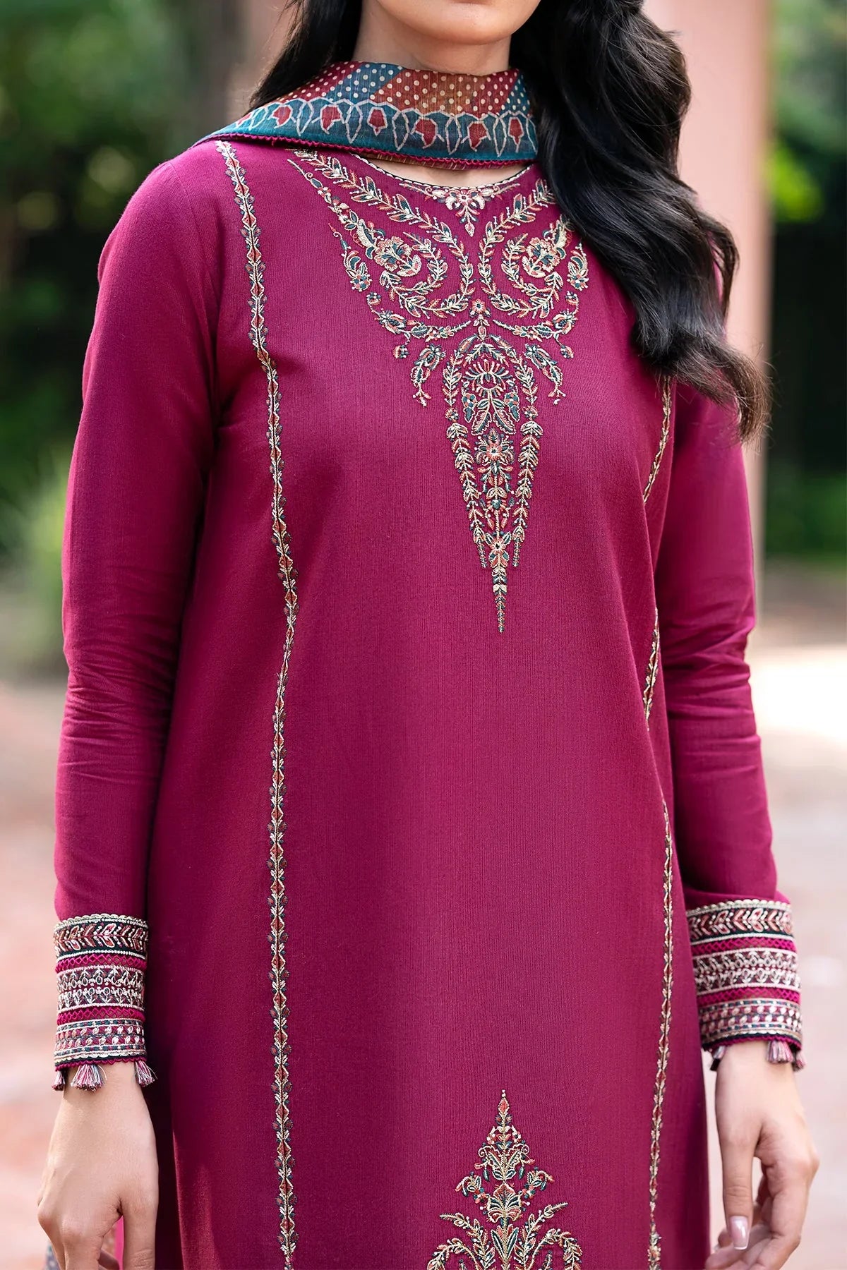 JAZMIN - 3PC DHANAK EMBROIDERED SHIRT WITH WOOL PRINTED SHAWL & TROUSER-TBF-1763