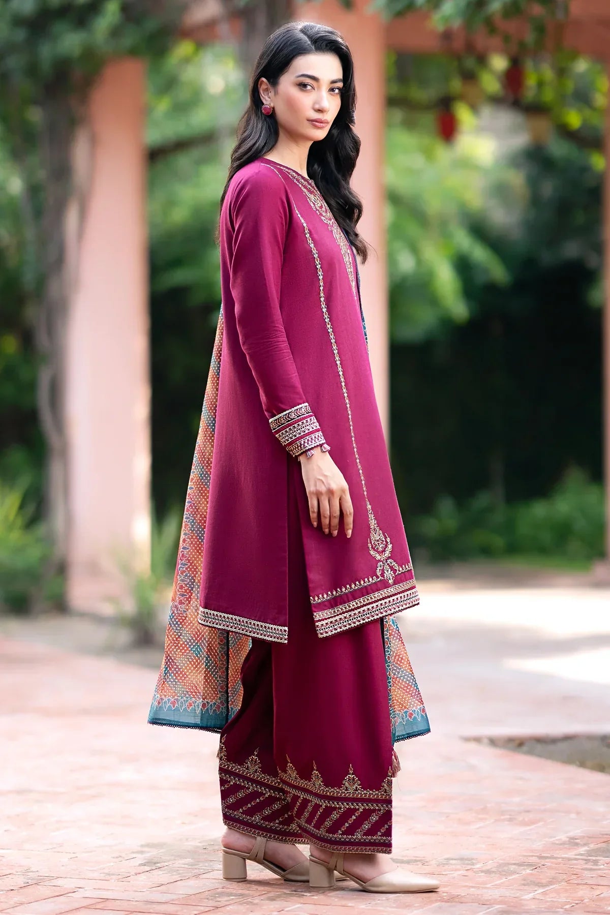 JAZMIN - 3PC DHANAK EMBROIDERED SHIRT WITH WOOL PRINTED SHAWL & TROUSER-TBF-1763