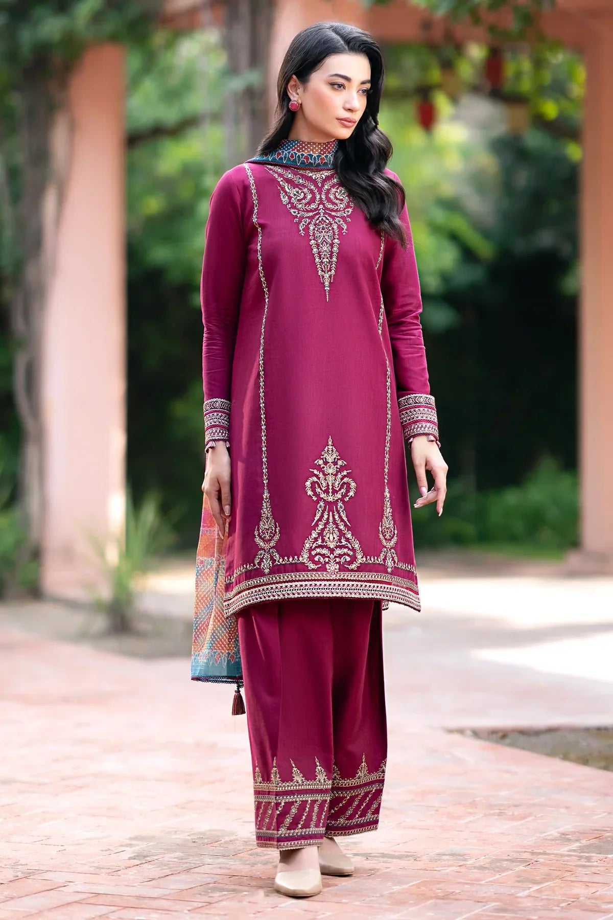 JAZMIN - 3PC DHANAK EMBROIDERED SHIRT WITH WOOL PRINTED SHAWL & TROUSER-TBF-1763