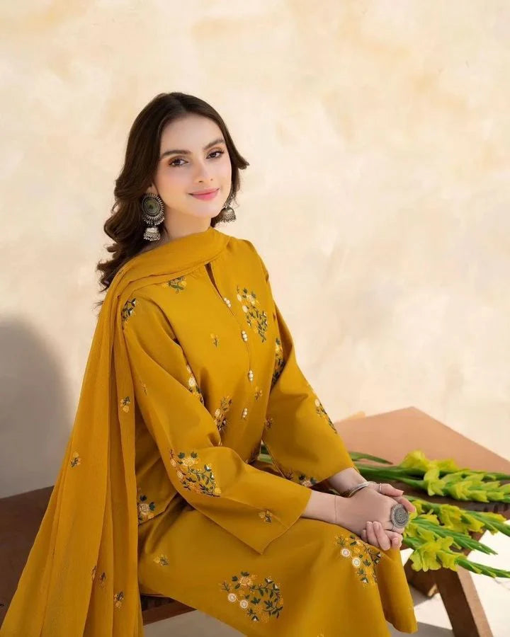 JAZMIN - 3PC DHANAK EMBROIDERED SHIRT WITH CHIFFON EMBROIDERED DUPATTA AND TROUSER-TANA-1523