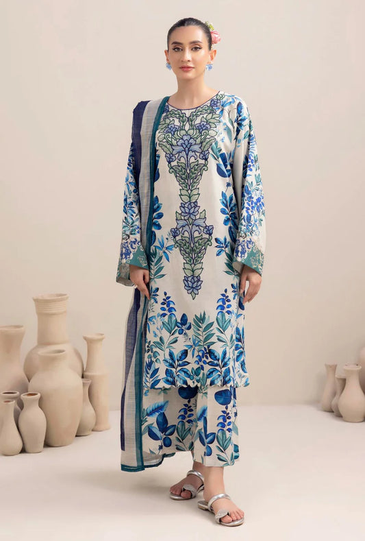 ADAN LIBAAS-3PC KARANDI PRINTED EMBROIDERED SHIRT WITH KARANDI PRINTED SHAWL AND KARANDI PRINTED TROUSER-TBF-1769