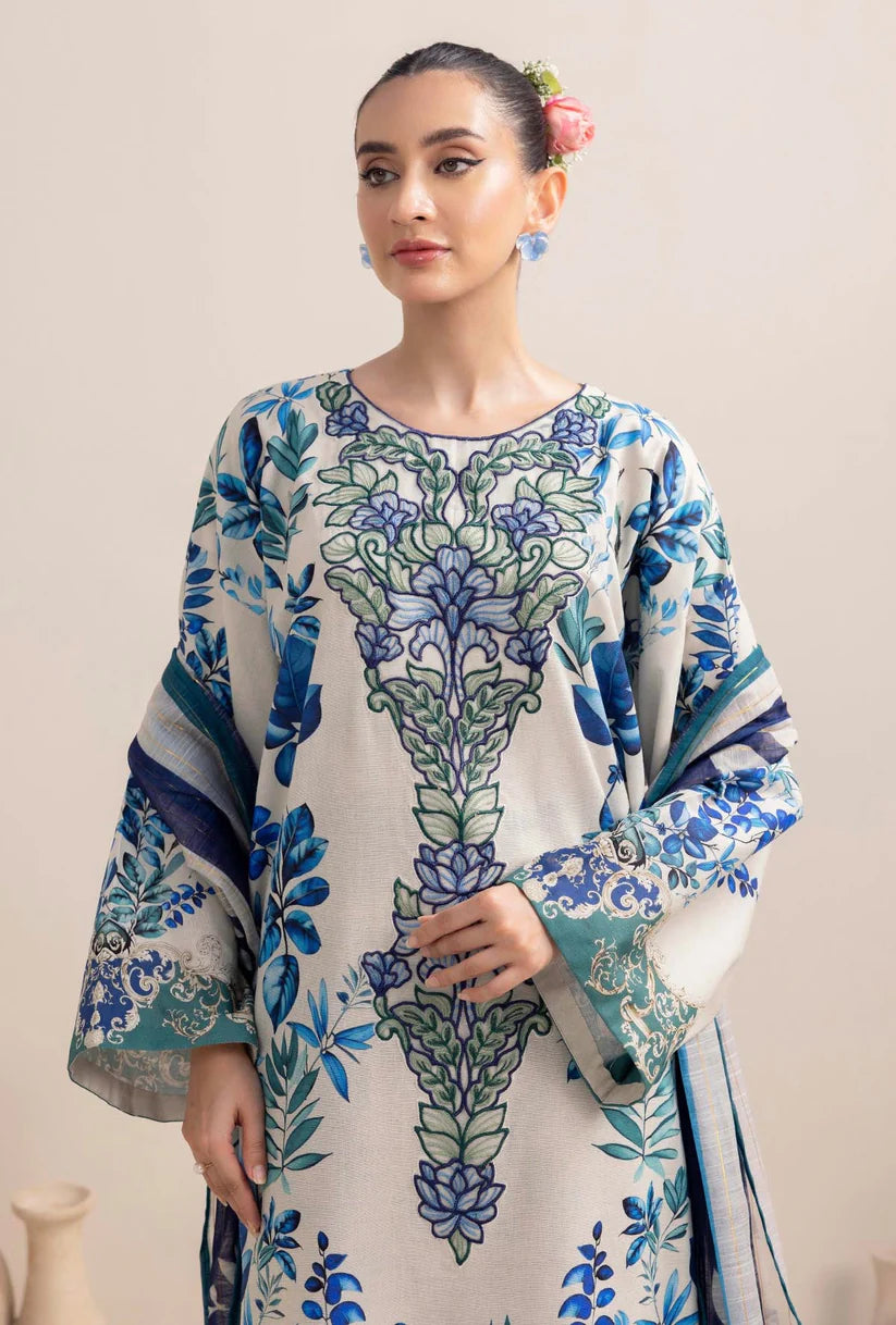 ADAN LIBAAS-3PC KARANDI PRINTED EMBROIDERED SHIRT WITH KARANDI PRINTED SHAWL AND KARANDI PRINTED TROUSER-TBF-1769