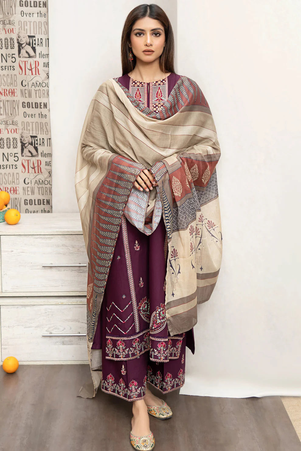 URGE- 3PC DHANAK EMBROIDERED SHIRT WITH COUTURE PRINT SHAWL AND EMB TROUSER-1532