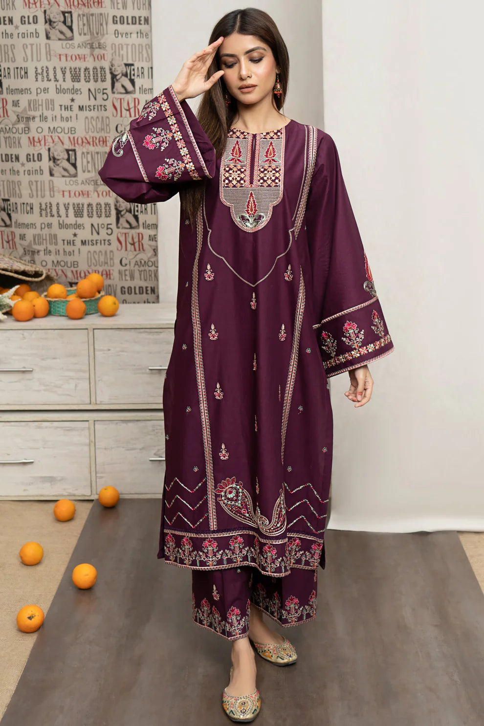 URGE- 3PC DHANAK EMBROIDERED SHIRT WITH COUTURE PRINT SHAWL AND EMB TROUSER-1532