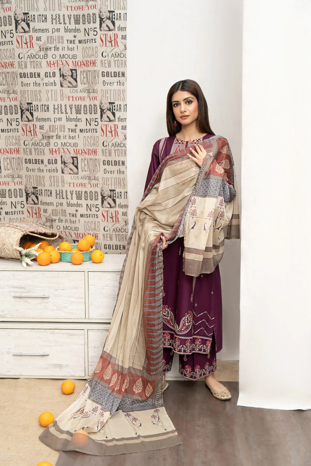 URGE- 3PC DHANAK EMBROIDERED SHIRT WITH COUTURE PRINT SHAWL AND EMB TROUSER-1532