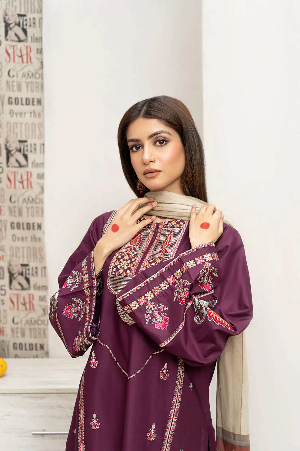 URGE- 3PC DHANAK EMBROIDERED SHIRT WITH COUTURE PRINT SHAWL AND EMB TROUSER-1532