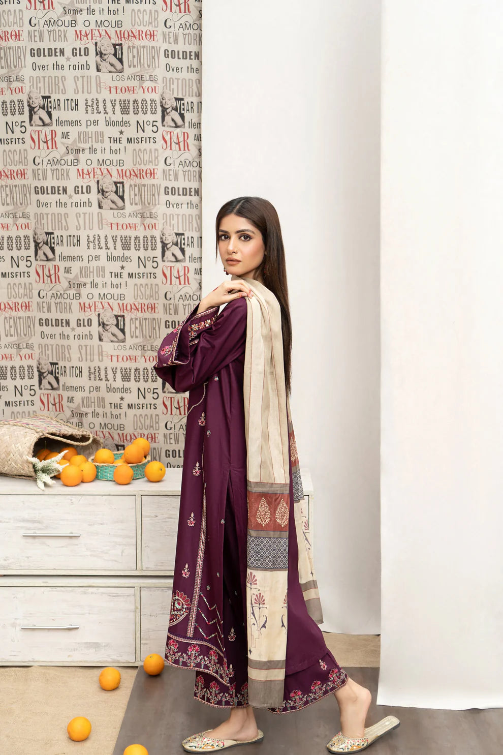 URGE- 3PC DHANAK EMBROIDERED SHIRT WITH COUTURE PRINT SHAWL AND EMB TROUSER-1532