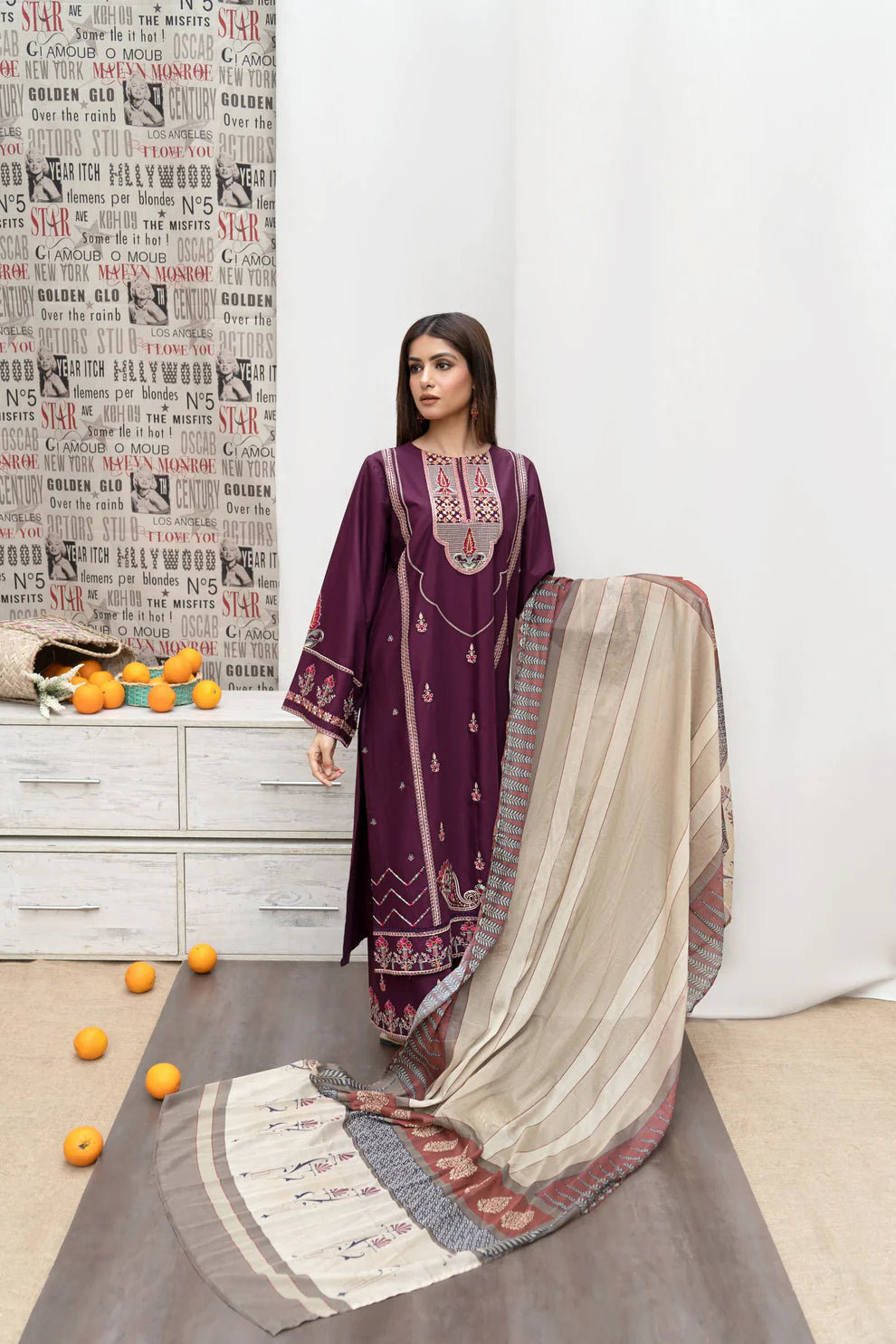 URGE- 3PC DHANAK EMBROIDERED SHIRT WITH COUTURE PRINT SHAWL AND EMB TROUSER-1532