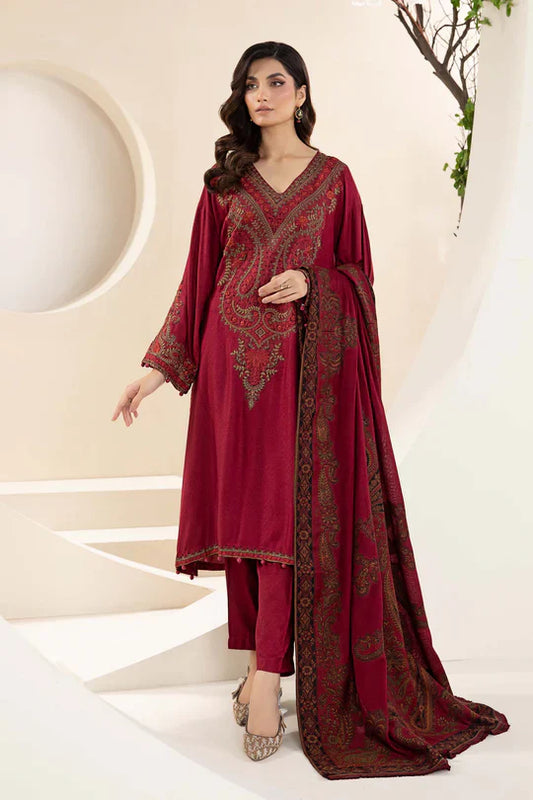 MARIA B-3PC KHADDAR EMBROIDRED SHIRT WITH WOOL PRINT SHAWL AND TROUSER-TBF-1905