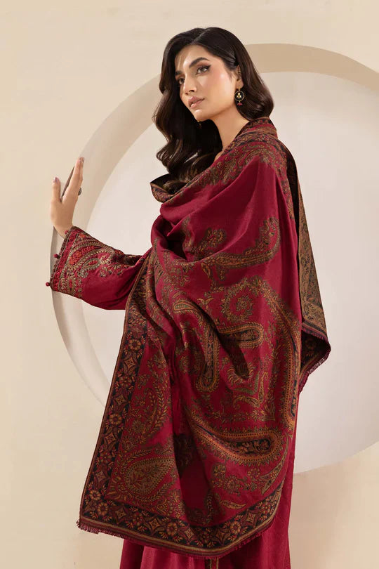 MARIA B-3PC KHADDAR EMBROIDRED SHIRT WITH WOOL PRINT SHAWL AND TROUSER-TBF-1905