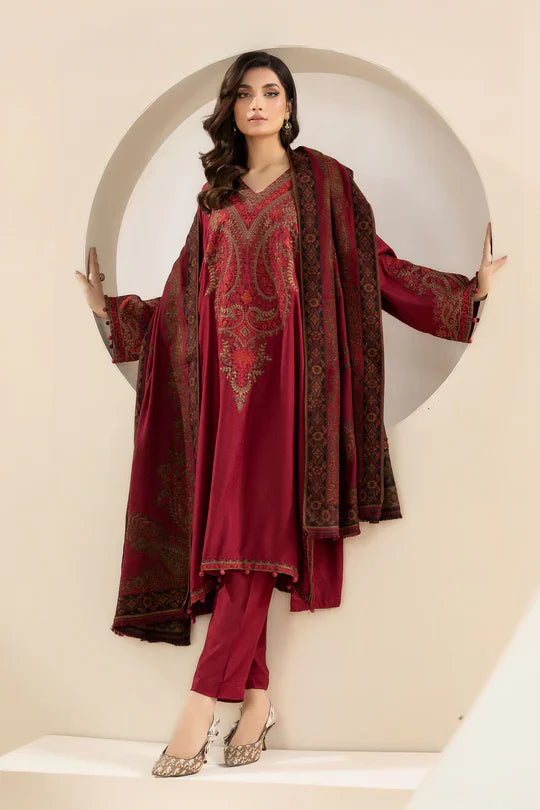 MARIA B-3PC KHADDAR EMBROIDRED SHIRT WITH WOOL PRINT SHAWL AND TROUSER-TBF-1905