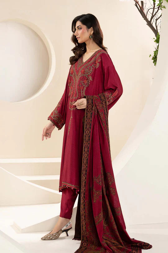 MARIA B-3PC KHADDAR EMBROIDRED SHIRT WITH WOOL PRINT SHAWL AND TROUSER-TBF-1905