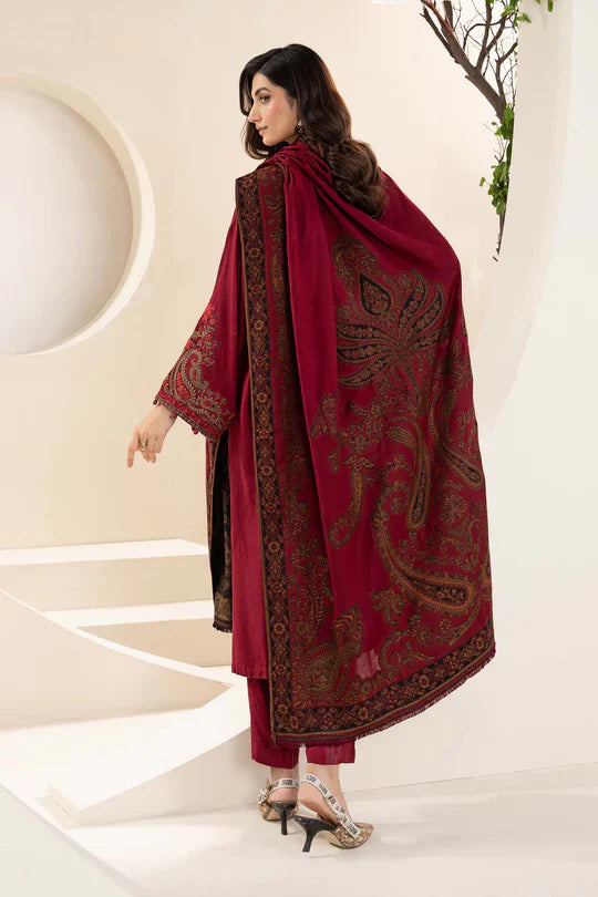 MARIA B-3PC KHADDAR EMBROIDRED SHIRT WITH WOOL PRINT SHAWL AND TROUSER-TBF-1905