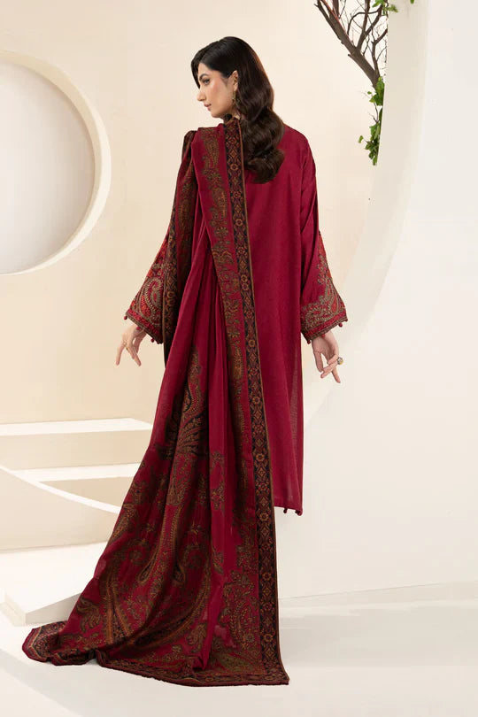 MARIA B-3PC KHADDAR EMBROIDRED SHIRT WITH WOOL PRINT SHAWL AND TROUSER-TBF-1905