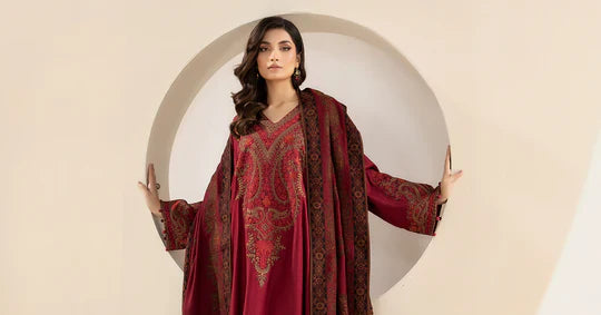 MARIA B-3PC KHADDAR EMBROIDRED SHIRT WITH WOOL PRINT SHAWL AND TROUSER-TBF-1905