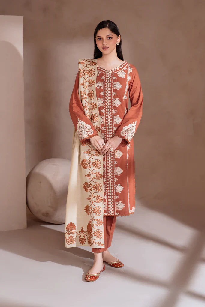 IZNIK-3PC DHANAK EMBROIDERED SHIRT WITH DHANAK EMBROIDERED SHAWL & TROUSER-TBF-1903