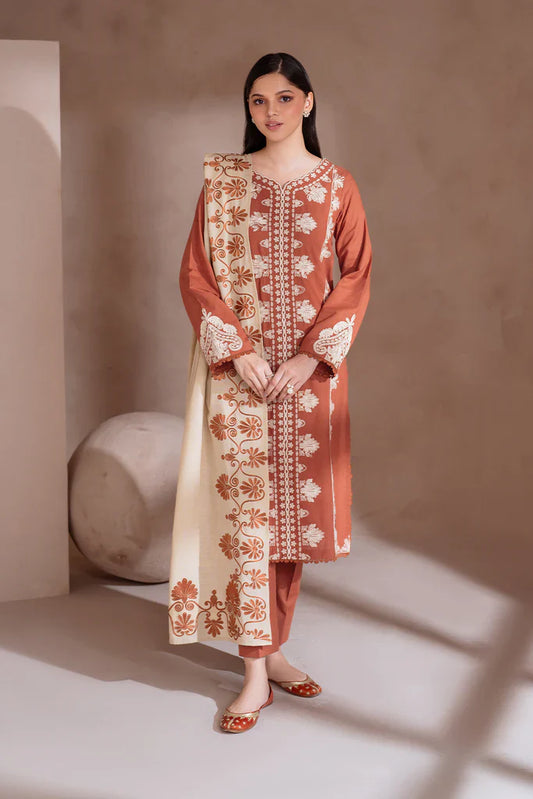 IZNIK-3PC DHANAK EMBROIDERED SHIRT WITH DHANAK EMBROIDERED SHAWL & TROUSER-TBF-1903