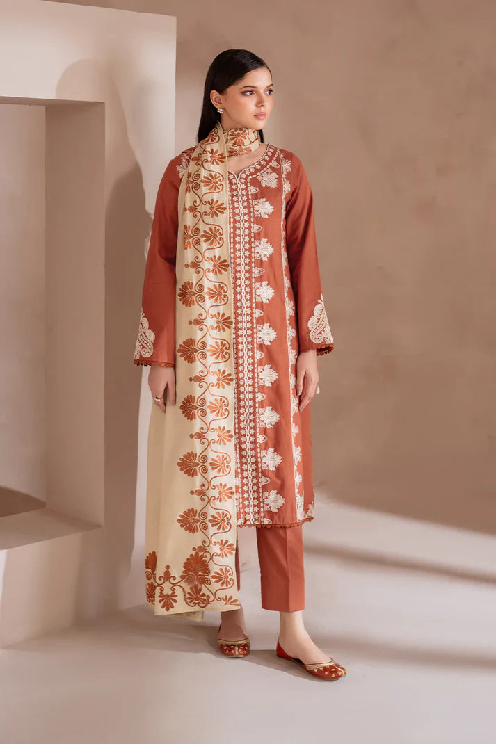 IZNIK-3PC DHANAK EMBROIDERED SHIRT WITH DHANAK EMBROIDERED SHAWL & TROUSER-TBF-1903