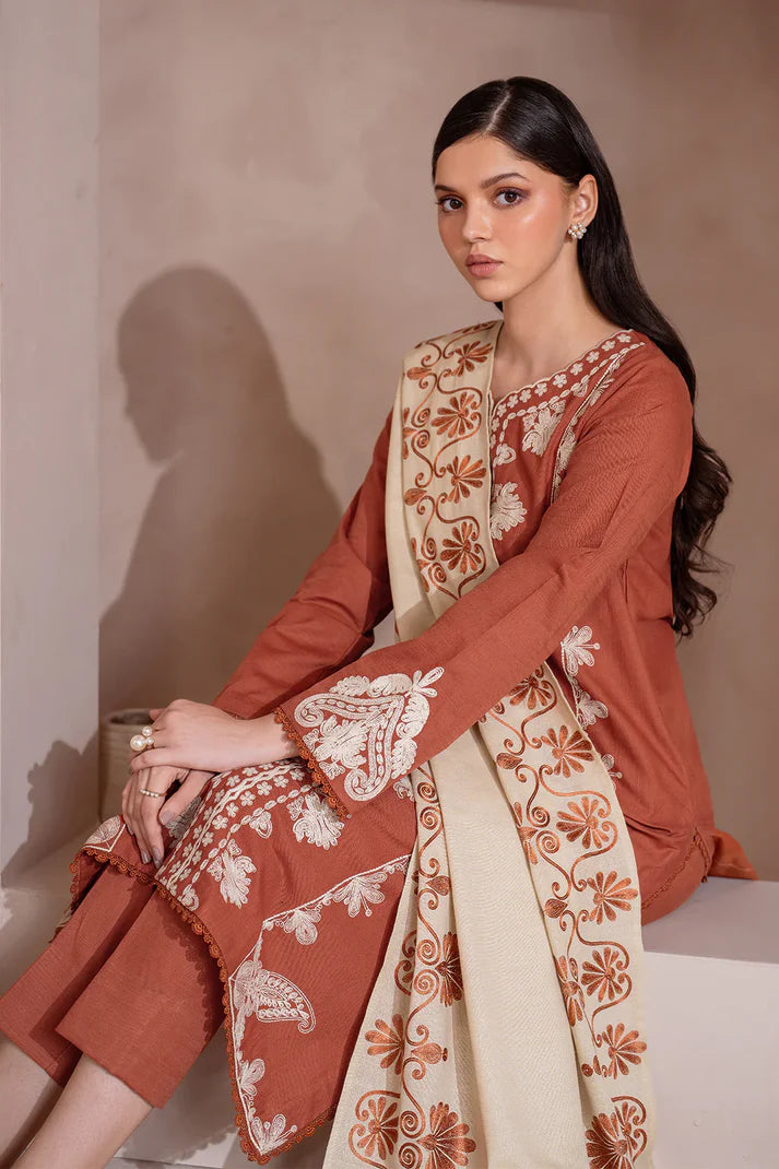 IZNIK-3PC DHANAK EMBROIDERED SHIRT WITH DHANAK EMBROIDERED SHAWL & TROUSER-TBF-1903