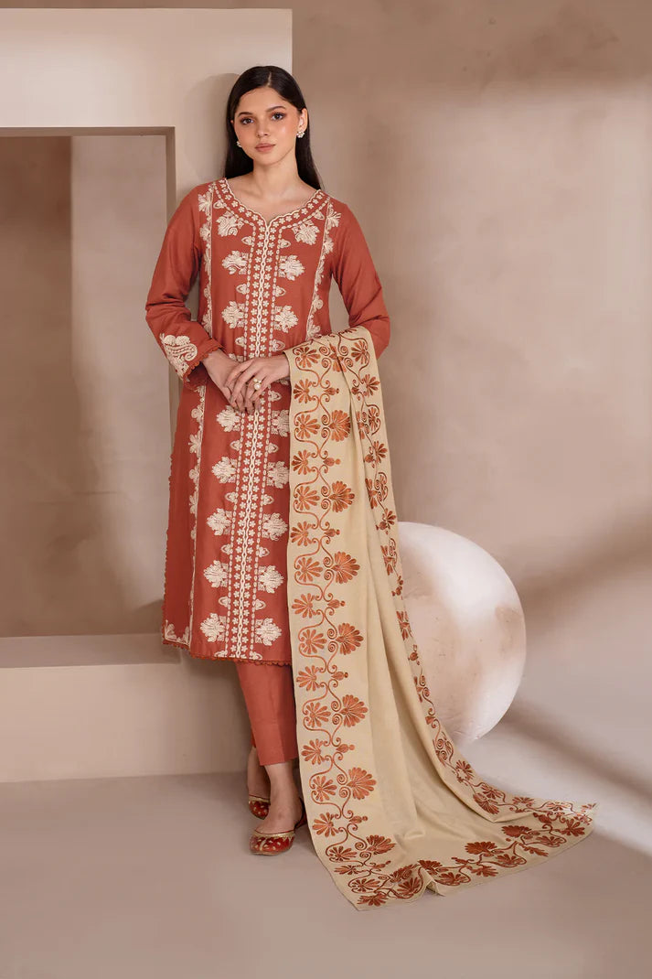 IZNIK-3PC DHANAK EMBROIDERED SHIRT WITH DHANAK EMBROIDERED SHAWL & TROUSER-TBF-1903