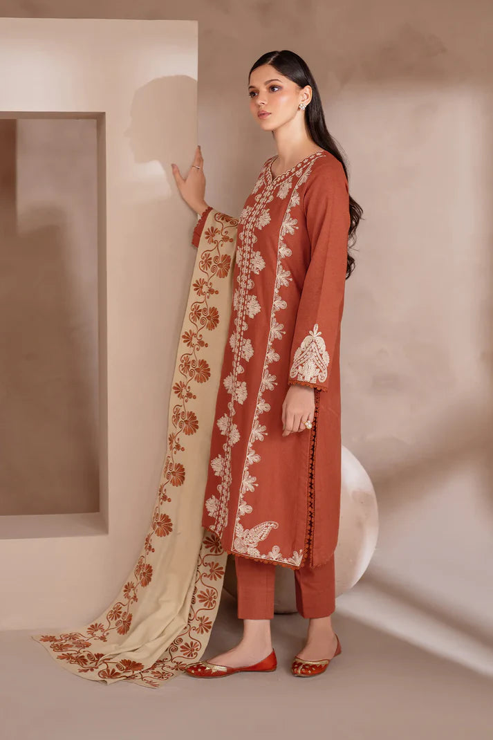 IZNIK-3PC DHANAK EMBROIDERED SHIRT WITH DHANAK EMBROIDERED SHAWL & TROUSER-TBF-1903