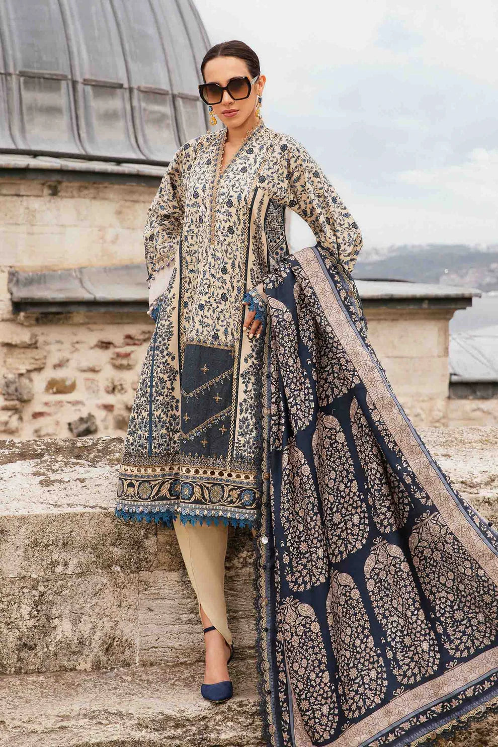 MARIA B- 3PC KARANDI PRINTED EMBROIDERED SHIRT WITH KARANDI PRINTED SHAWL AND KARANDI PRINTED TROUSER-TANA-1632