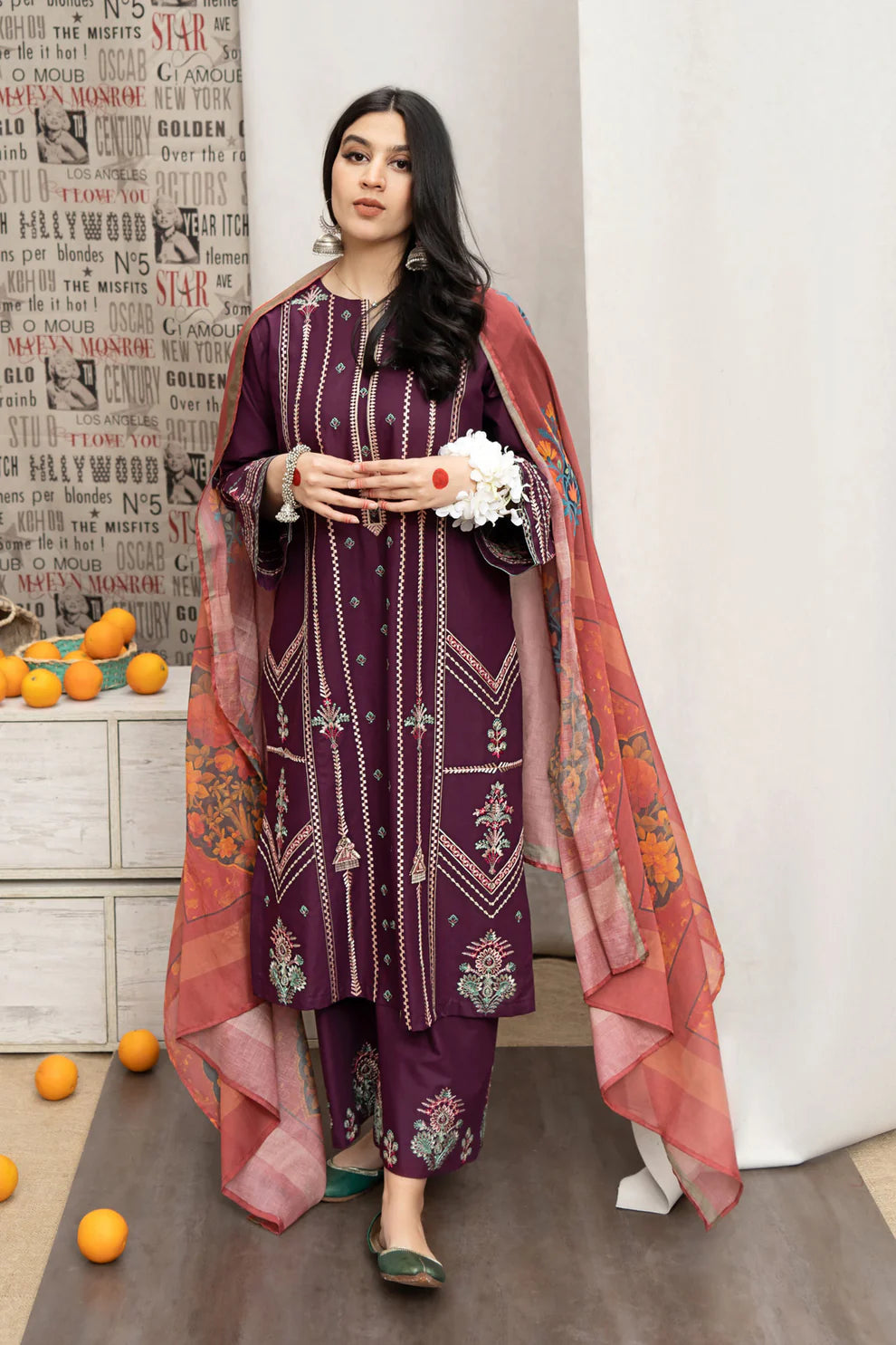 URGE- 3PC DHANAK EMBROIDERED SHIRT WITH COUTURE WOOL PRINT SHAWL AND EMB TROUSER-TANA-2265