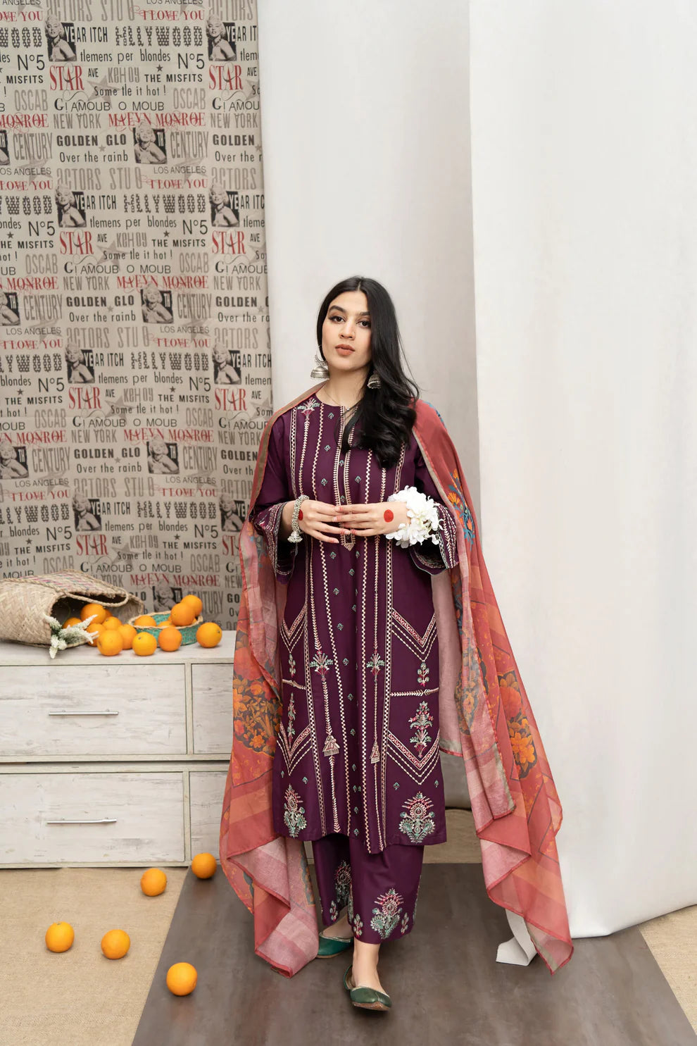 URGE- 3PC DHANAK EMBROIDERED SHIRT WITH COUTURE WOOL PRINT SHAWL AND EMB TROUSER-TANA-2265