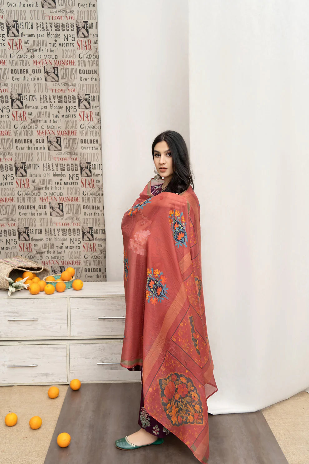 URGE- 3PC DHANAK EMBROIDERED SHIRT WITH COUTURE WOOL PRINT SHAWL AND EMB TROUSER-TANA-2265