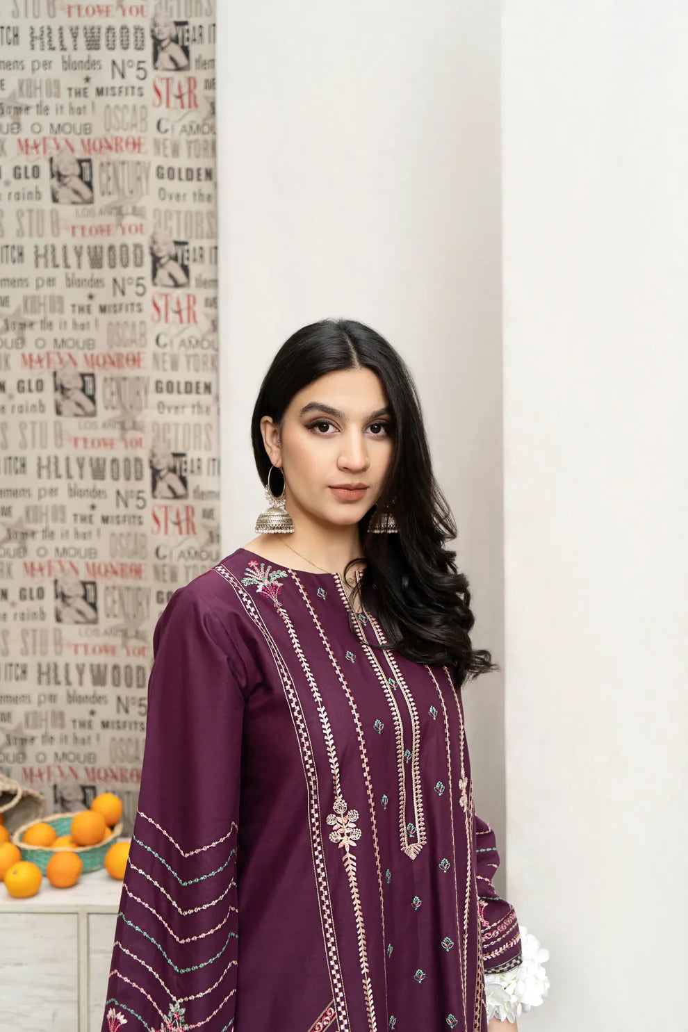 URGE- 3PC DHANAK EMBROIDERED SHIRT WITH COUTURE WOOL PRINT SHAWL AND EMB TROUSER-TANA-2265