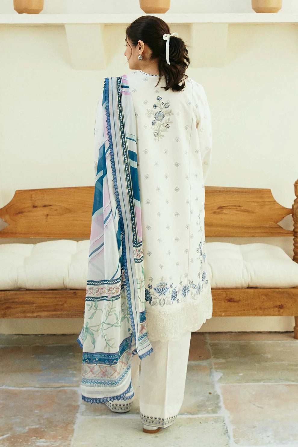 ZAHRA SHAHJAHAN- 3PC LAWN EMBROIDERED SHIRT WITH DIAMOND PRINT DUPATTA-TANA-5244-WHITE