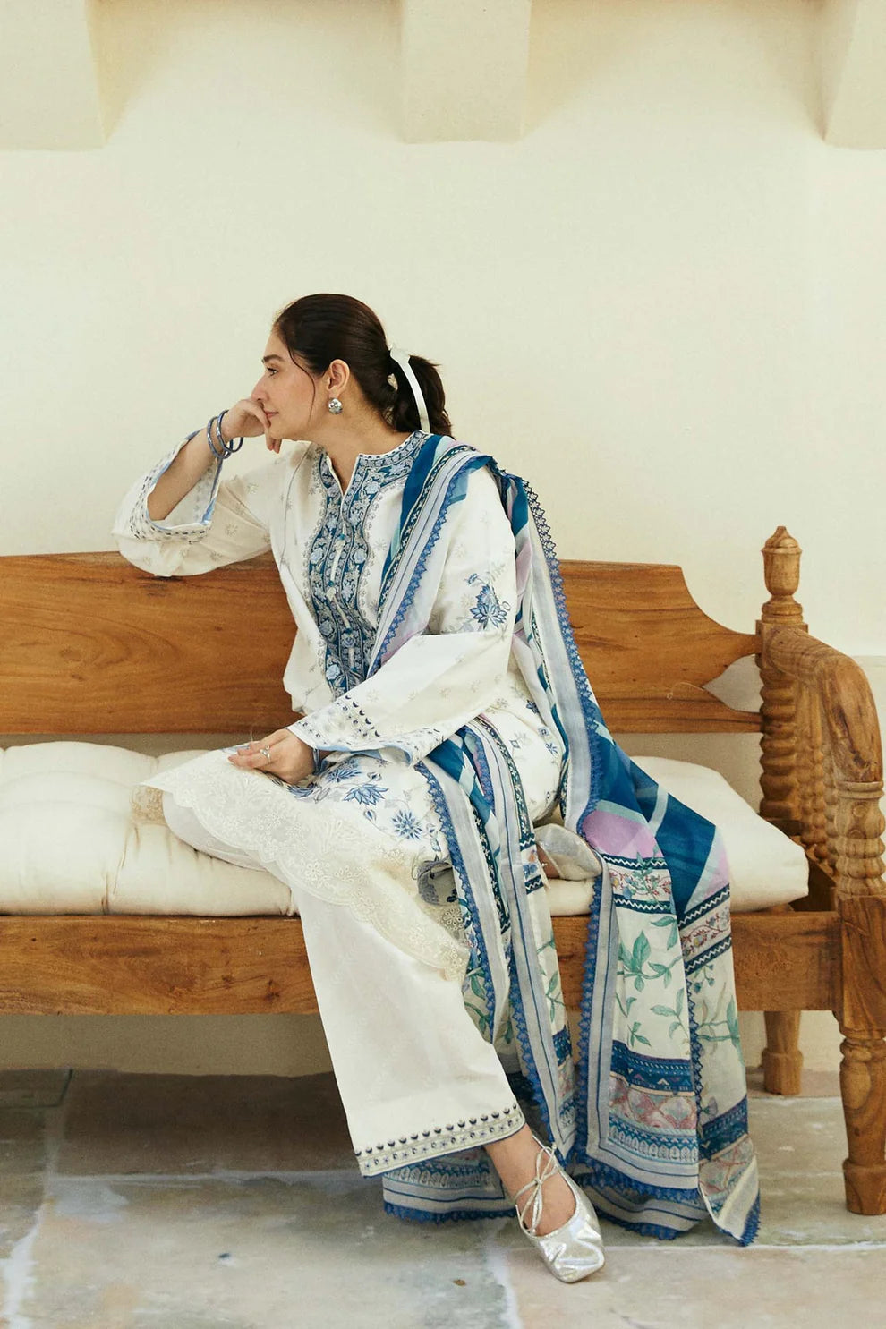 ZAHRA SHAHJAHAN- 3PC LAWN EMBROIDERED SHIRT WITH DIAMOND PRINT DUPATTA-TANA-5244-WHITE