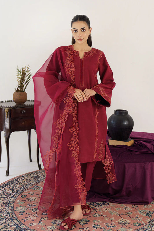 HANA- 3PC KHADAR EMBROIDERED SHIRT WITH ORGANZA EMBROIDRED DUPATTA AND TROUSER-TANA-1584