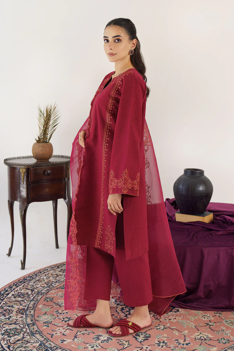 HANA- 3PC KHADAR EMBROIDERED SHIRT WITH ORGANZA EMBROIDRED DUPATTA AND TROUSER-TANA-1584