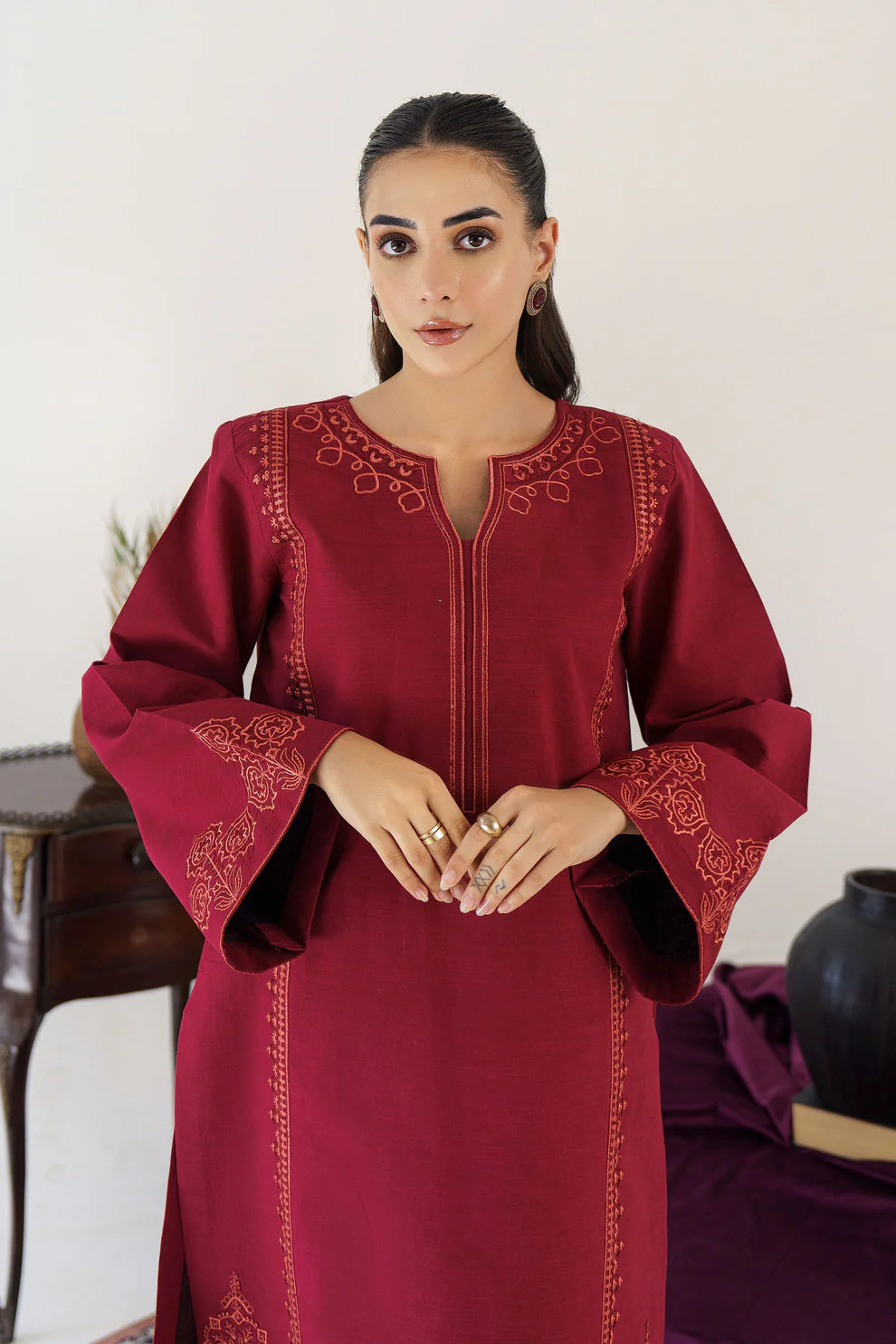 HANA- 3PC KHADAR EMBROIDERED SHIRT WITH ORGANZA EMBROIDRED DUPATTA AND TROUSER-TANA-1584