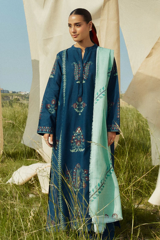 ZARA SHAHJAHAN- 3PC KHADAR EMBROIDERED SHIRT WITH WOOL PRINT SHAWL AND TROUSER-TANA-1750