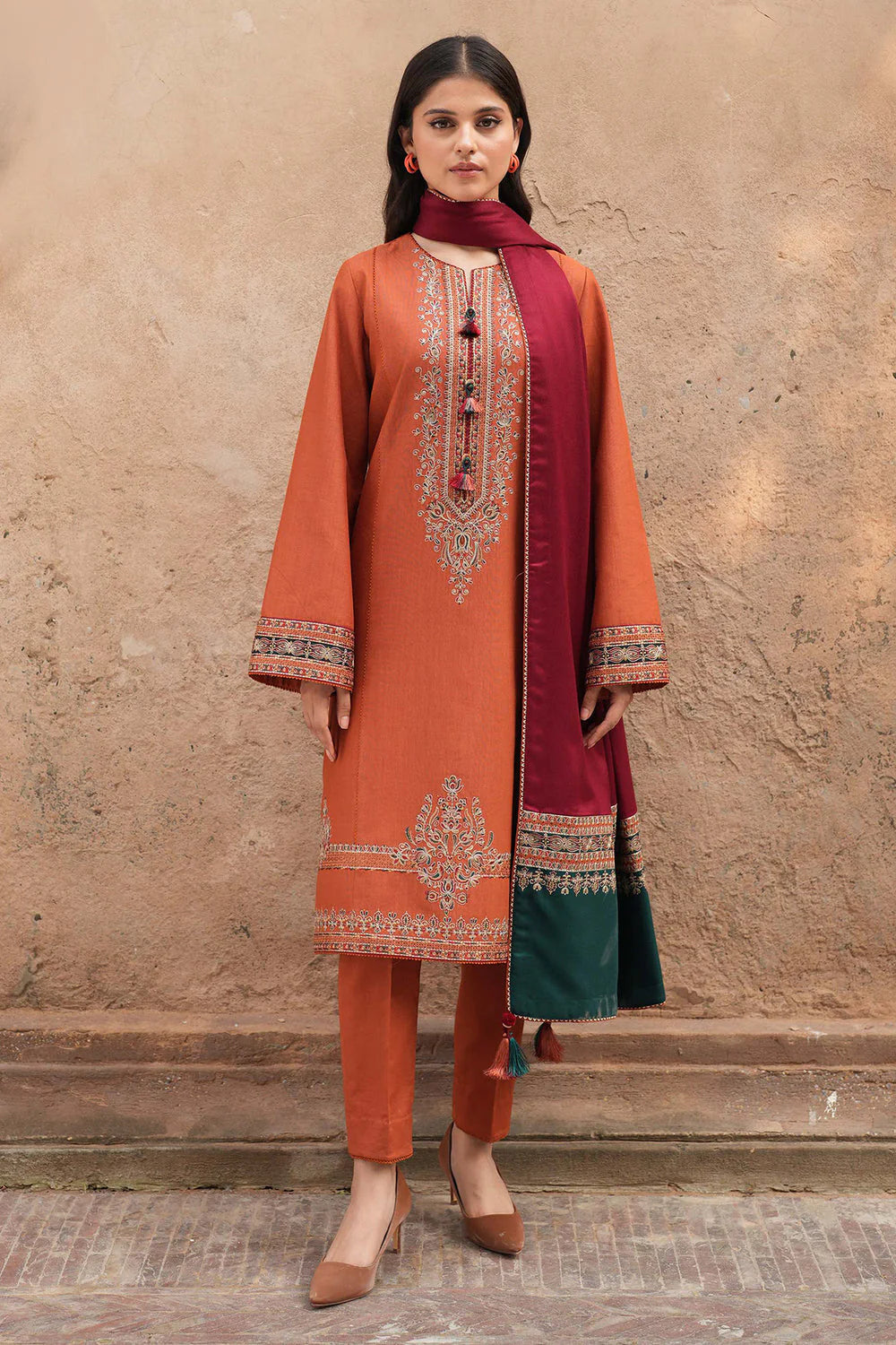 JAZMIN - 3PC DHANAK EMBROIDERED SHIRT WITH WOOL PRINTED SHAWL & TROUSER-TBF-1748