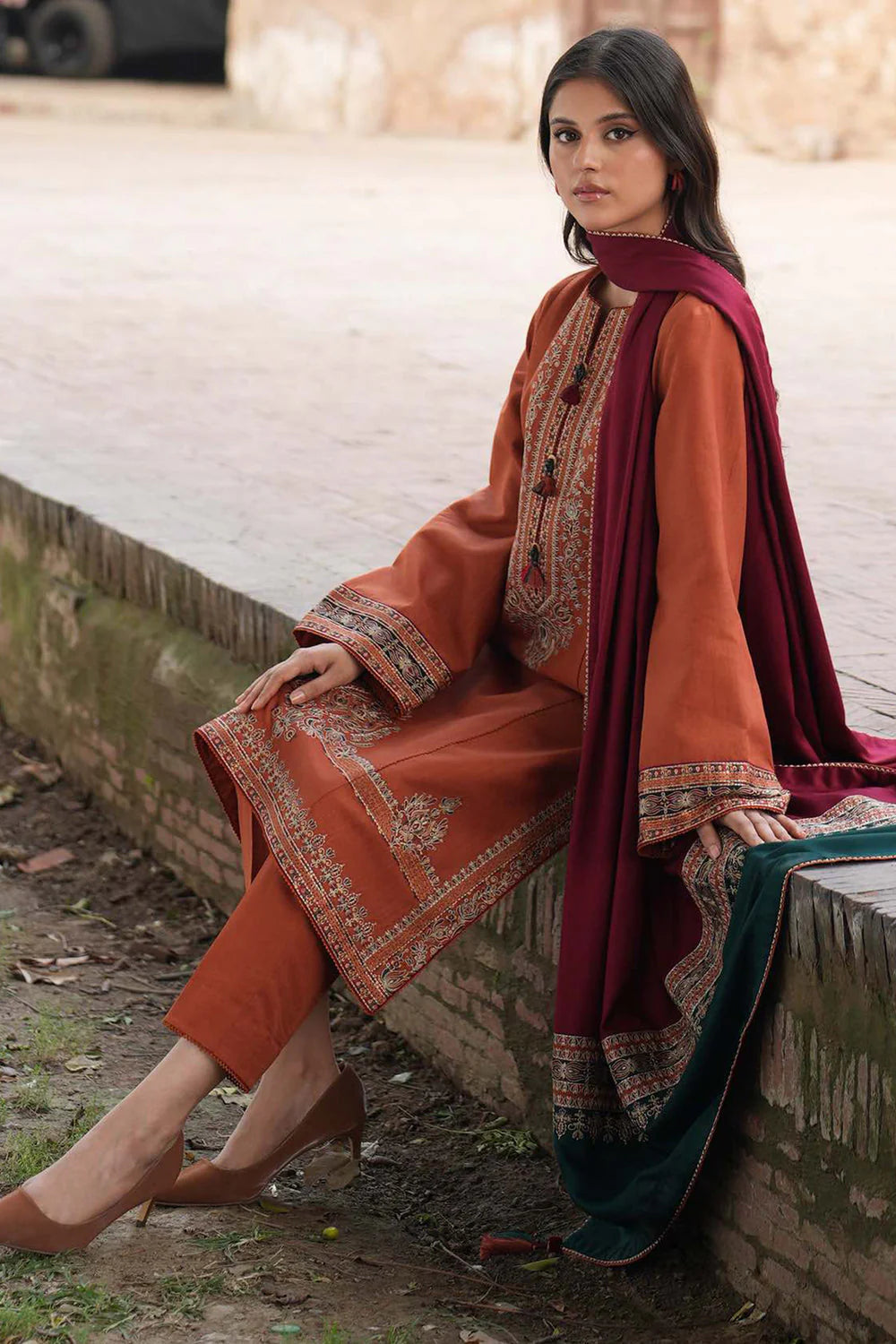 JAZMIN - 3PC DHANAK EMBROIDERED SHIRT WITH WOOL PRINTED SHAWL & TROUSER-TBF-1748