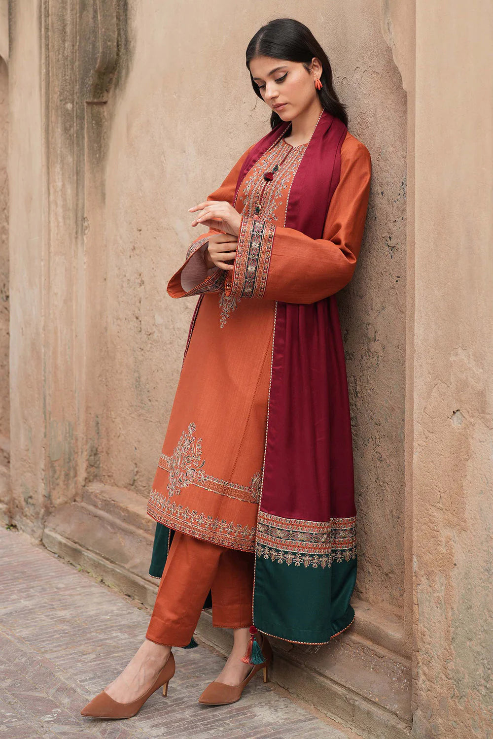 JAZMIN - 3PC DHANAK EMBROIDERED SHIRT WITH WOOL PRINTED SHAWL & TROUSER-TBF-1748