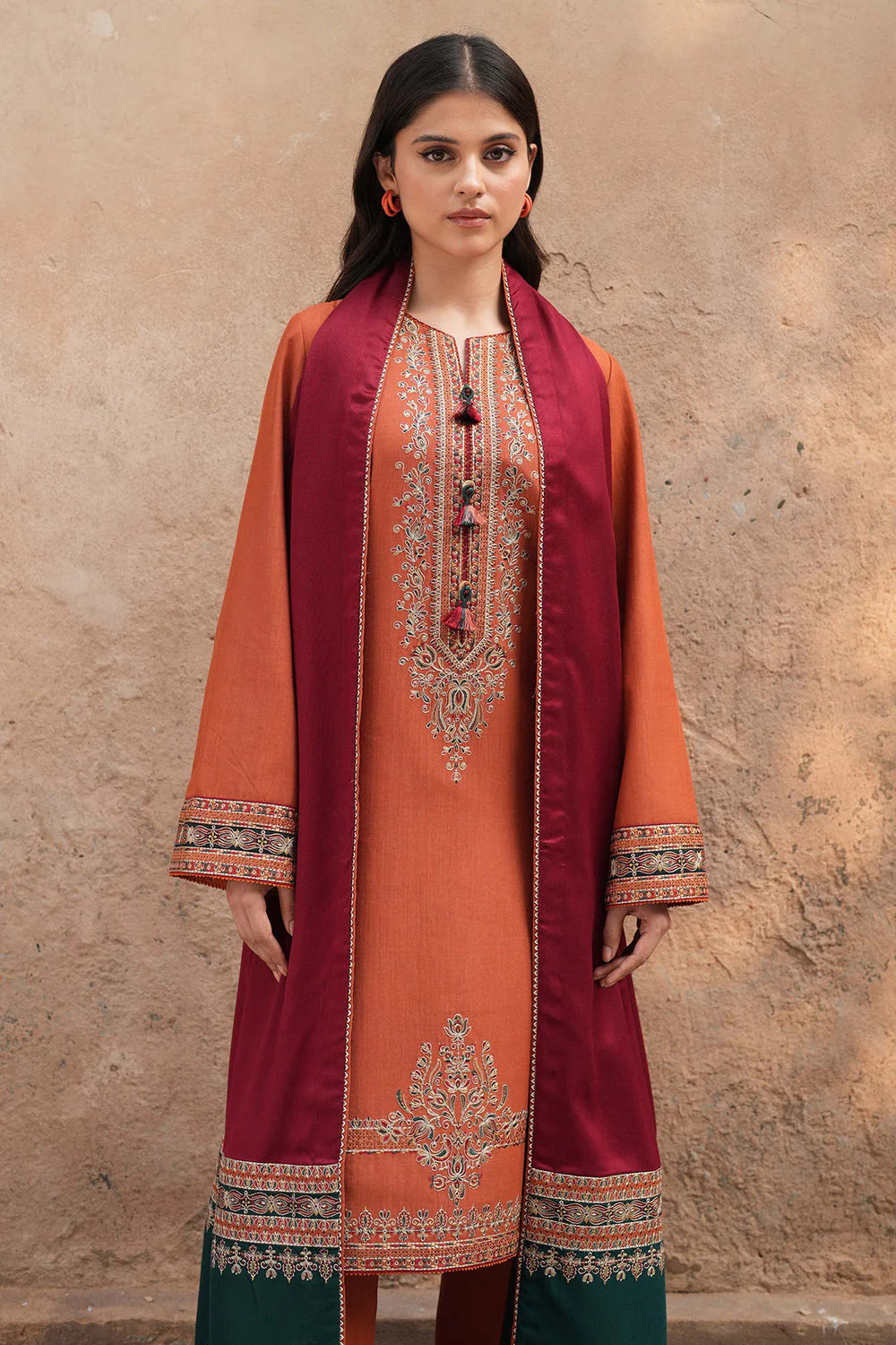 JAZMIN - 3PC DHANAK EMBROIDERED SHIRT WITH WOOL PRINTED SHAWL & TROUSER-TBF-1748