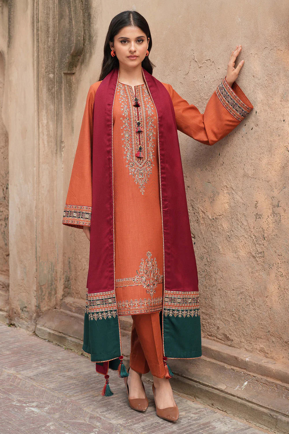 JAZMIN - 3PC DHANAK EMBROIDERED SHIRT WITH WOOL PRINTED SHAWL & TROUSER-TBF-1748