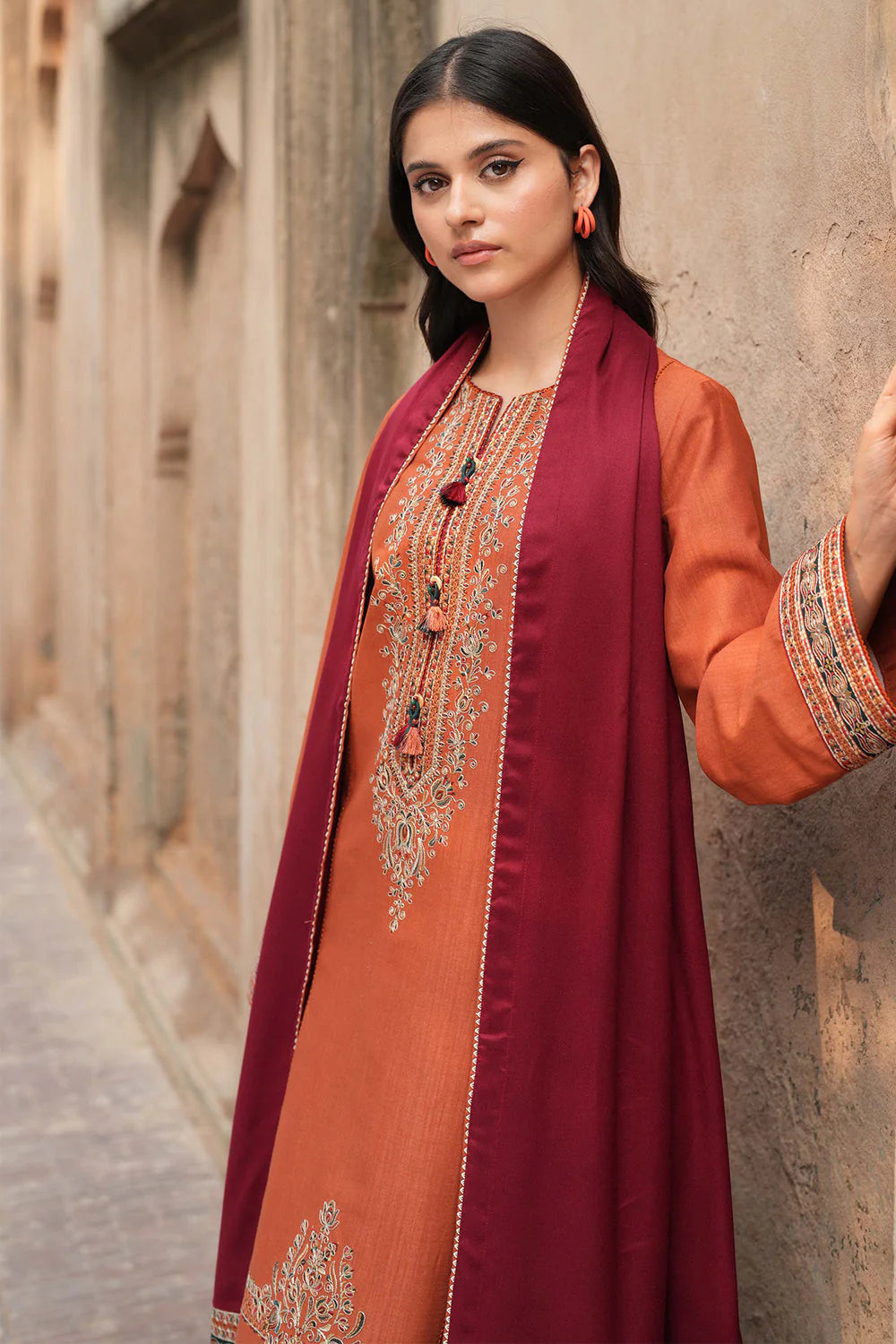 JAZMIN - 3PC DHANAK EMBROIDERED SHIRT WITH WOOL PRINTED SHAWL & TROUSER-TBF-1748