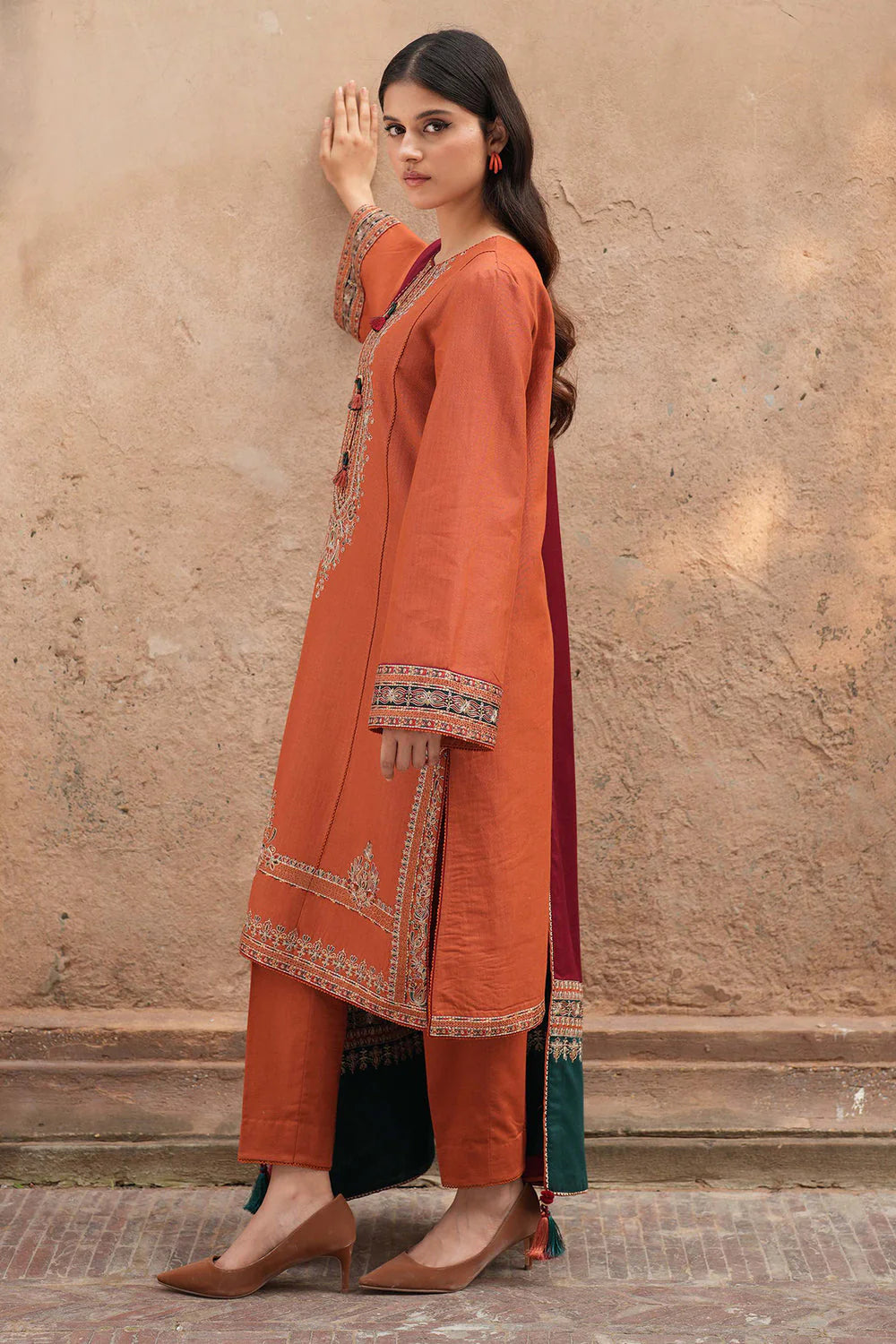 JAZMIN - 3PC DHANAK EMBROIDERED SHIRT WITH WOOL PRINTED SHAWL & TROUSER-TBF-1748