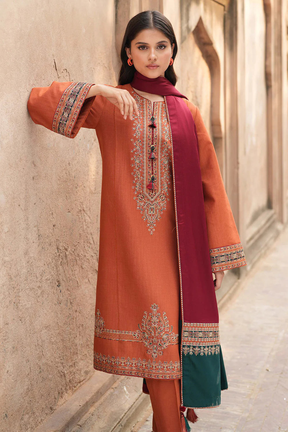 JAZMIN - 3PC DHANAK EMBROIDERED SHIRT WITH WOOL PRINTED SHAWL & TROUSER-TBF-1748