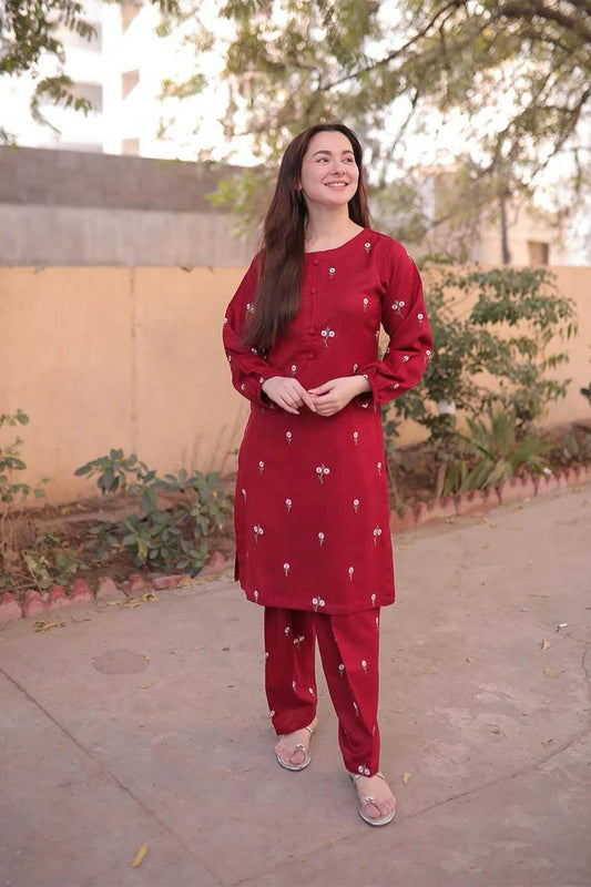 HANIA AMIR-2PC DHANAK EMBROIDRED SHIRT WITH AND TROUSER-TANA-2PC-RED