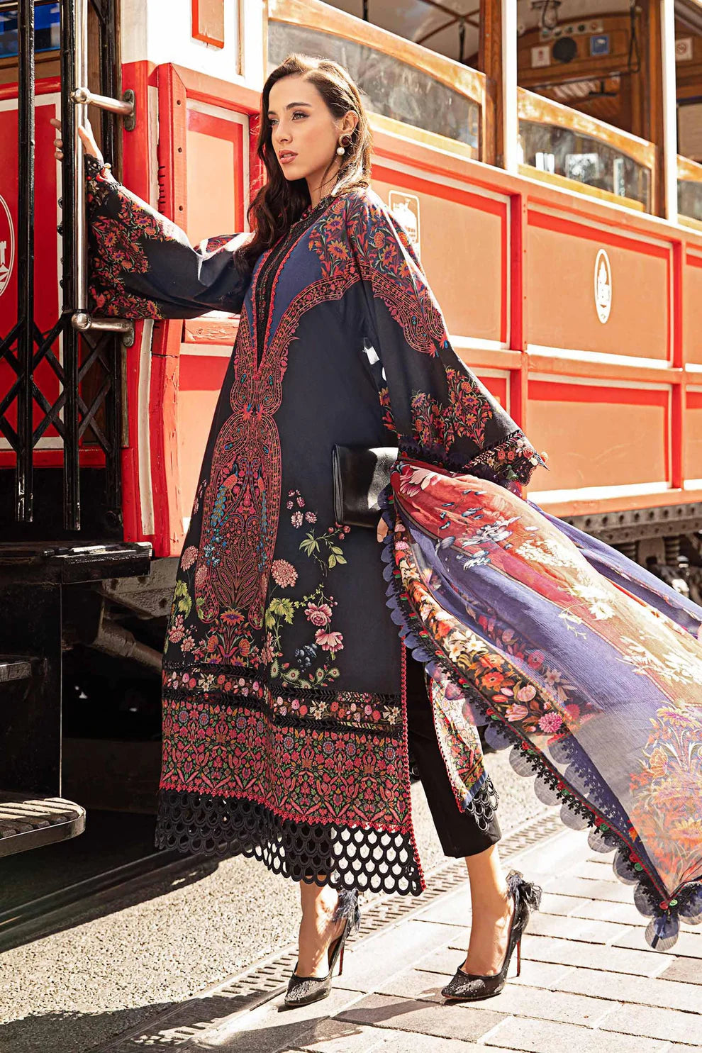 MARIA B- 3PC KARANDI PRINTED EMBROIDERED SHIRT WITH KARANDI PRINTED SHAWL AND KARANDI PRINTED TROUSER-TANA-1666