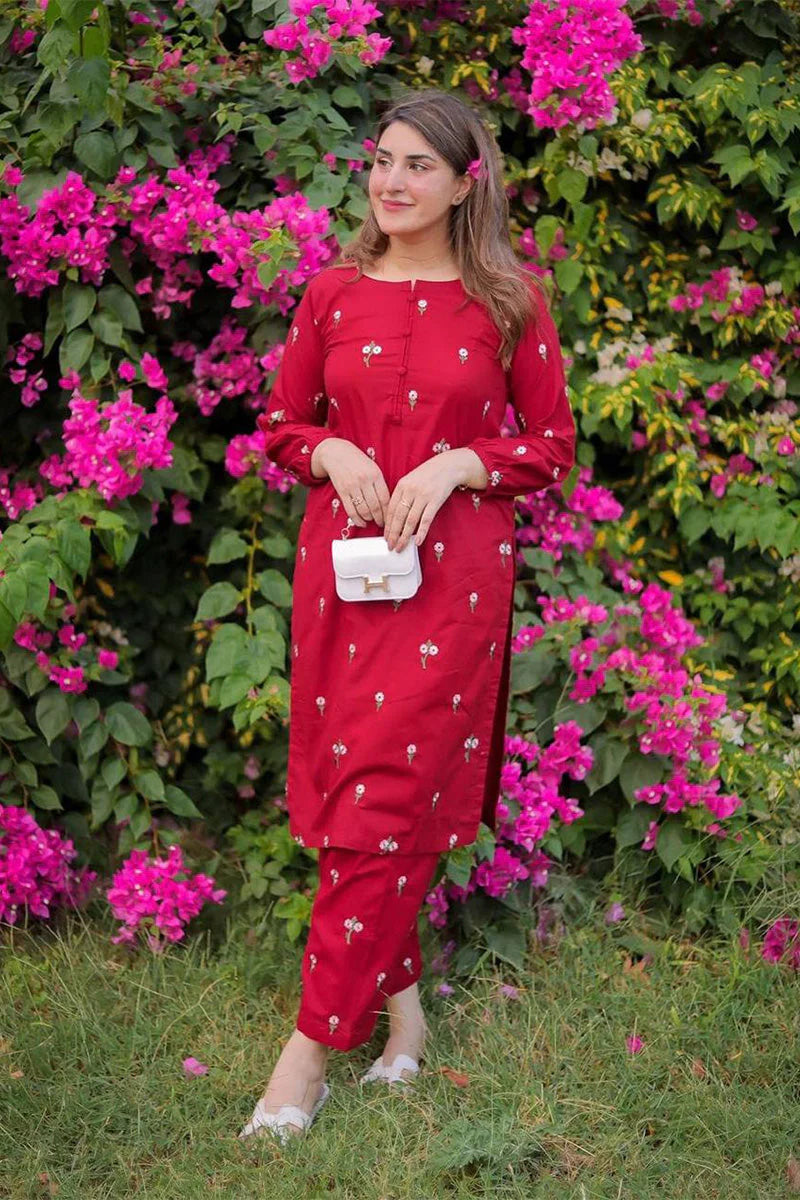 HANIA AMIR-2PC DHANAK EMBROIDRED SHIRT WITH AND TROUSER-TANA-2PC-RED