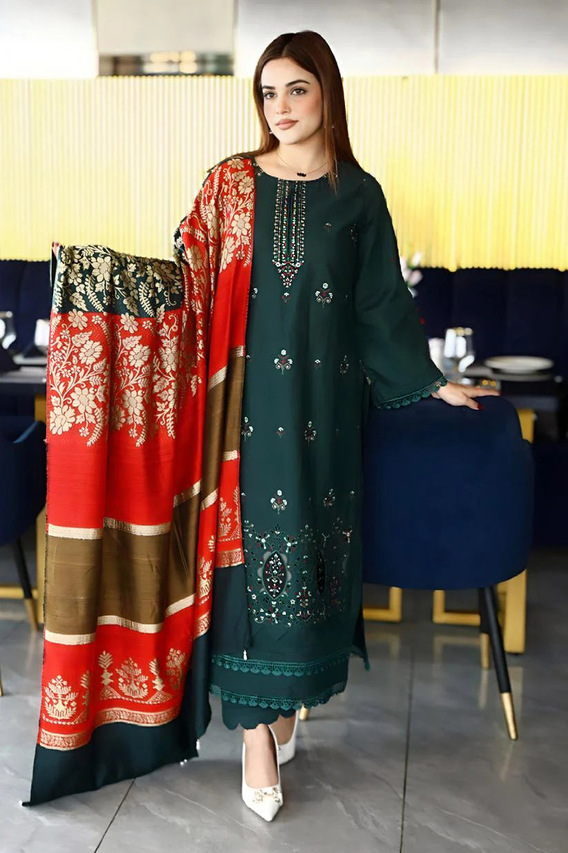 TANA BANA-3PC KHADDAR CUTWORK EMBROIDERED SHIRT WITH KASHMIRI JACQUARD WOOL SHAWL-TBF-GREEN